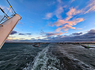 wonderful view of the sea from a cruise ship at sunset with sea and sun