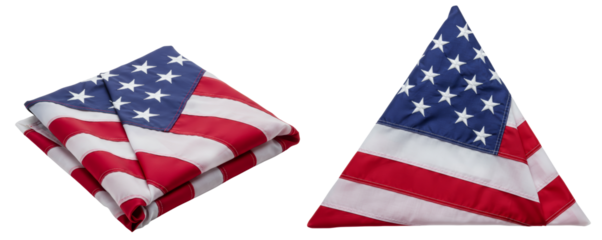 Folded American flag with stars and stripes on transparent background  