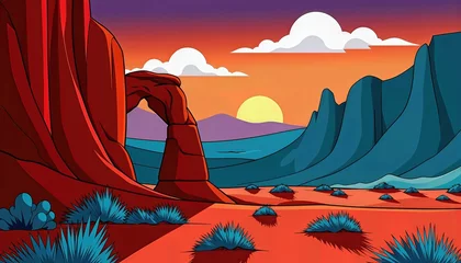 Fototapeten Warm desert landscape with a natural rock arch under a colorful sky in vibrant digital style offering travel and adventure © Mr.Pancho Store