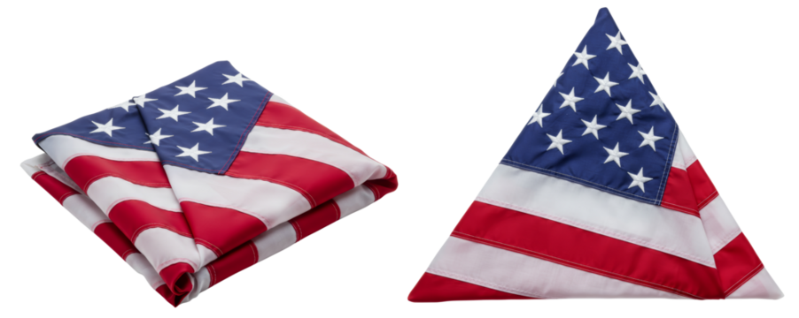 Folded American flag with stars and stripes on transparent background  