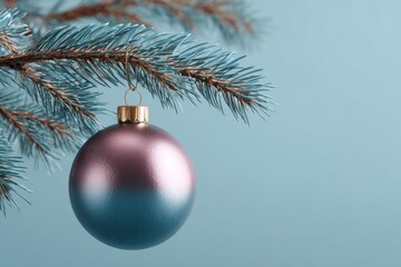 Elegant soft matte ornament hanging delicately on a minimalist pine branch with serene pastel backdrop inviting festive creativity