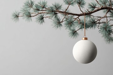 Creative holiday decoration featuring a soft matte ornament on a minimalist pine branch with ample space for personalized messages
