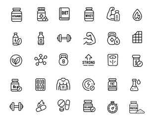 Fototapeta premium Editable Icons set of sport supplements and healthy lifestyle symbols. Vector illustration in modern thin line style: protein, vitamins, diet, gym, muscle, fitness, recovery, strength, energy, workout