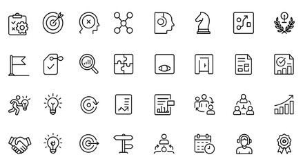 Editable Business Strategy Icons set. Modern thin line vector illustration featuring planning, goals, tactics, leadership, and market research. Isolated on transparent background
