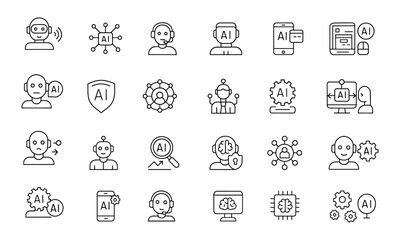 Modern editable line icons set of artificial intelligence agent and technology symbols: AI chatbot, automation, virtual assistant, voice command, robotics, security, and more