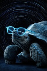 Realistic tortoise with tinted glasses observes time-lapse star trails in a captivating cosmic display at night