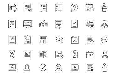 Exam icon set. Modern thin line vector illustration of editable education symbols: test, result, questionnaire, answer, assessment, score, grade, certificate, quiz, student, school, online.