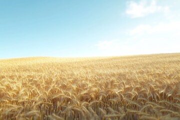 Naklejka premium A vibrant wheat field stretches endlessly under a clear blue sky during summer. The golden stalks sway gently, capturing the warmth of the season in breathtaking detail. With copy space for text