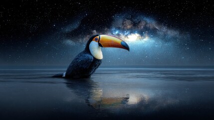 Fototapeta premium Realistic toucan wearing beachwear reflecting on glowing waves under a starry galaxy backdrop