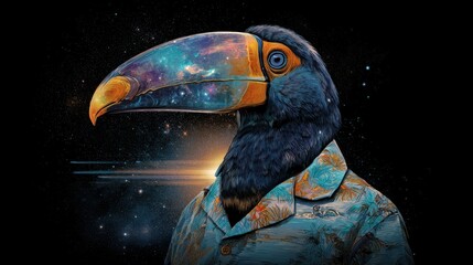 Realistic toucan in vibrant beachwear explores cosmic reflections amidst glowing planet waves
