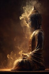 Stunning realistic depiction of a serene Buddha statue radiating golden energy in a tranquil setting