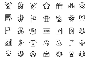 Reward icon set, modern thin line editable stroke vector illustration of success symbols: cup, medal, prize, badge, crown, trophy, award, gift, certificate, pictogram, infographic, bonus