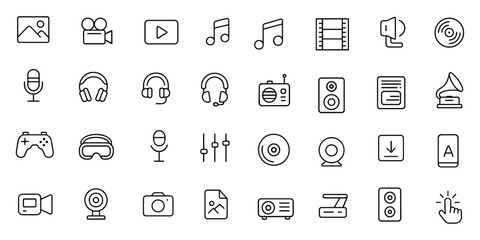 Vector illustration of multimedia editable icons set in modern thin line style: music, photo, video, podcast, microphone, projector, headset, tablet, smartphone, radio, camcorder, technology, web