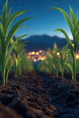 Wheat sprouts rise in organized rows under a glowing sky with distant mountains embracing the horizon