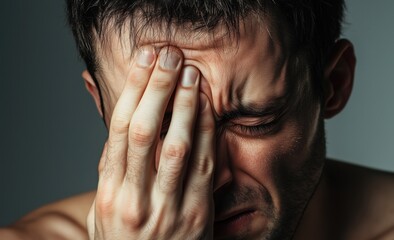 Fototapeta premium A man with his eyes closed presses his forehead tightly with his hand, expressing severe pain, stress or emotional tension. The close-up highlights the suffering and inner struggle.