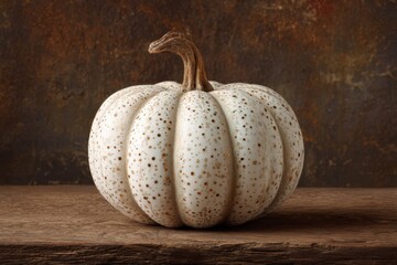 White spotted pumpkin stands out beautifully against a dark rustic backdrop showcasing autumn's bounty and seasonal charm