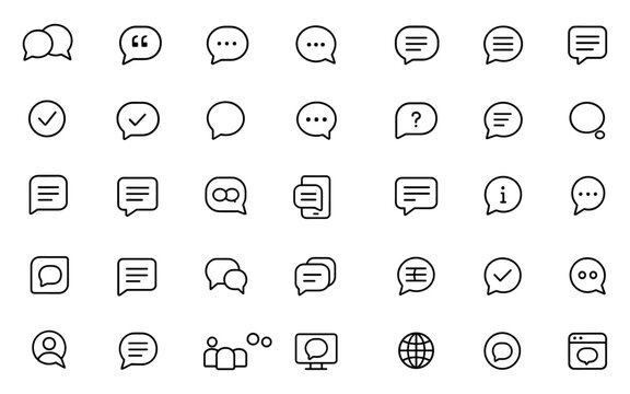 Speech icon set, editable stroke vector illustration in modern thin line style. Contains chat, message, dialog, quote, bubble, talk, comment, forum, communication, social, outline, symbol, sign