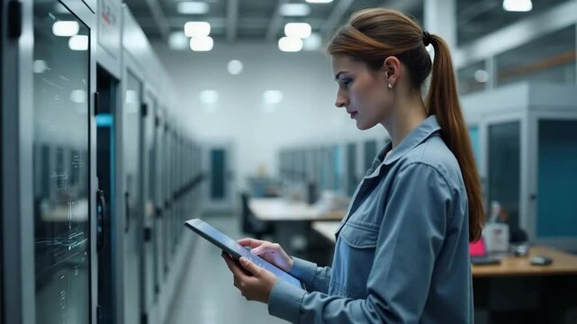 Focused woman using tablet in server room for data center maintenance. Data center maintenance involves careful attention, checking server status with tablet, and ensuring optimal performance. - Powered by Adobe