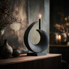 Sculptural candleholder in abstract loop shape enhancing a moody atmosphere on a stylish sideboard