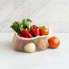A reusable mesh bag displays fresh vegetables on a white counter, highlighting sustainable living and healthy eating in a modern kitchen