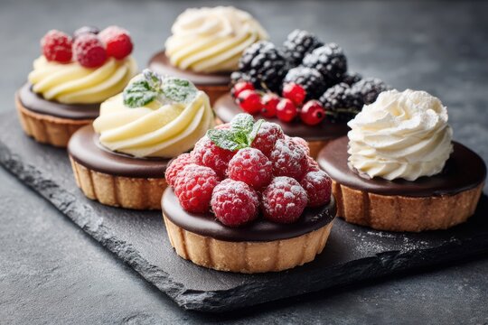Delicate mini tarts with fresh berries and creamy swirls on a sleek stone slab, perfect for an elegant gathering