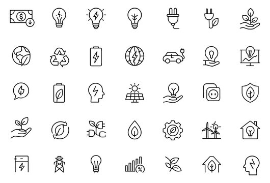 Energy saving icon set, eco electricity power, modern thin line style vector illustration. Editable stroke pictograms of green house, energy cost, consumption, recycling, battery