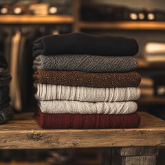 Colorful stack of knitted sweaters embraces warmth and style in a modern store setting