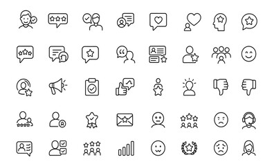 Editable Testimonials Line Icons set. Modern thin line vector illustration of feedback, review, customer relationship, emotion, survey, loyalty, management, opinion, rating, online form