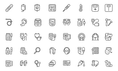 Editable line icons set of medical devices for health monitoring, examination, and therapy. Modern thin line vector illustration isolated on white with thermometer, stethoscope, glucose