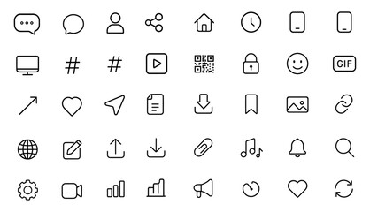 Editable Social Media Icons set in thin line style. Vector illustration of web, communication, sharing, message, user, bubble, buttons, commands, digital symbols. Isolated on white