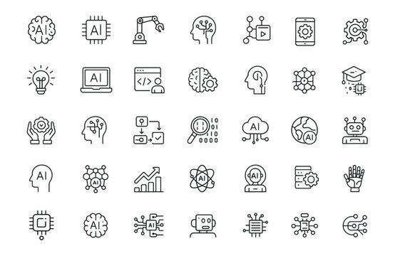 Artificial intelligence icon set, editable stroke, thin line vector illustration of AI, smart robot, machine learning, innovation, digital brain, algorithm, cyberspace, network, data, technology