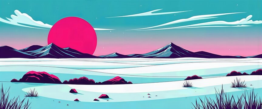 Dreamy landscape displays mountains and a pink sun setting over a snowy plain in an artistic, retro digital art style.