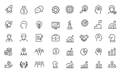 Editable Startup Icon Set. Modern thin line vector illustration of business concepts: growth, development, management, finance, innovation, team, strategy, research, success, company