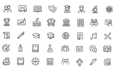 Editable school icons set in modern thin line style. Vector illustration featuring education, classroom, students, school subjects, study, teacher, timetable, science, and learning pictograms
