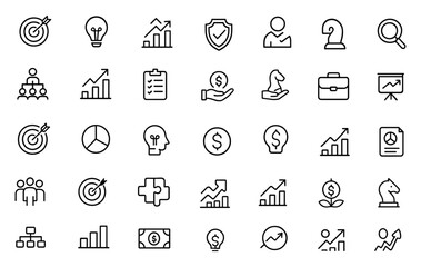 Editable Business Strategy Icons set. Modern thin line vector illustration of business concepts: finance, goals, ideas, growth, management, investment, plan, chart, analysis, success