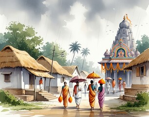 A spiritual journey in the monsoon season: pilgrims in traditional attire walk under umbrellas to a Hindu temple in an Indian village
