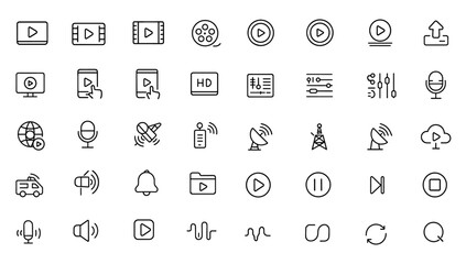 Editable broadcast icon set. Modern thin line vector illustration of media, video player, production, streaming, film, and cinema icons. Pictograms for mobile apps and digital use.