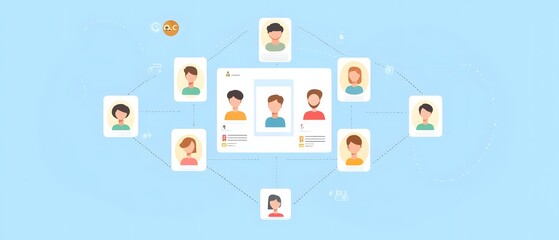 A colorful digital illustration representing team collaboration and communication with diverse avatars connecting through a central figure