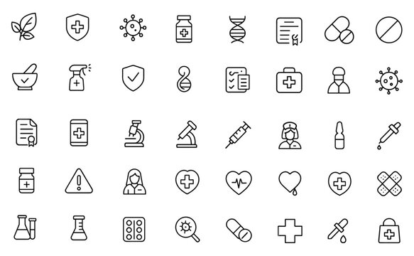 Editable Pharmacy Icon Set in Thin Line Style. Vector illustration of medical symbols, drugs, research, tests, vaccines, healthcare, and manufacturing process for apps and infographics.