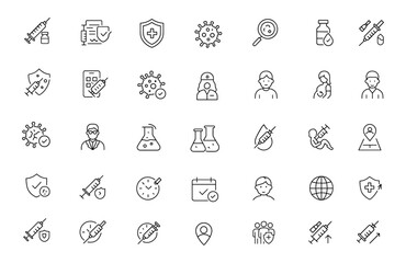 Editable Vaccine Line Icon Set. Modern thin line vector illustration of health care and vaccination icons: virus, injection, certificate, immunity, research, booster, protection, and more.