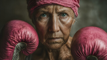 Determined Senior Woman in Pink Boxing Gear ready to fight her Illness