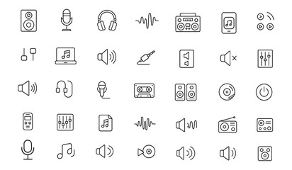 Modern audio editable line icons set. Thin stroke vector illustration of sound equipment, players, microphones, speakers, waves, volume, music, stereo, and sound technology
