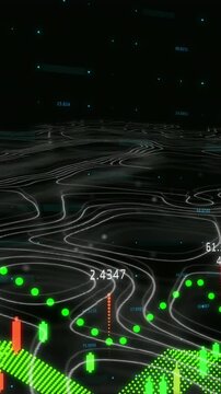 Animation of isohypses over financial data on black background