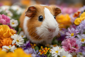 Cute guinea pig exploring a colorful flower garden