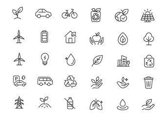 Eco-friendly Green City Icon Set. Editable solid vector illustration in modern flat style featuring zero waste, green energy, air quality, recycling, and sustainable urban concepts.