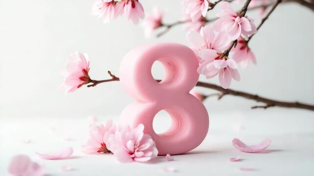 Pink number eight decoration with cherry blossoms on white backdrop showcases International Women's Day. Number eight surrounded by floral petals signifies International Women's Day,