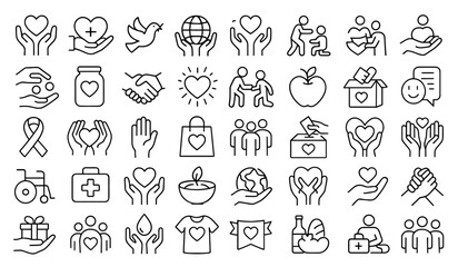 Altruism line editable icon set, charity hands, benevolence, compassion, kindness, donation support, community engagement, party, concert, outdoor recreation icons, vector illustration.