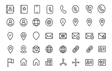 Contacts line editable icon set, vector illustration, address book, telephone, mail, communication, mobile, call center, location pin, envelope, UI interface, customer support cutout.