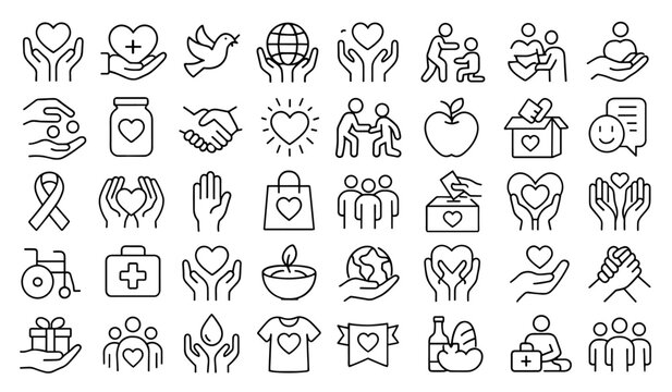 Altruism line editable icon set, charity hands, benevolence, compassion, kindness, donation support, community engagement, party, concert, outdoor recreation icons, vector illustration.