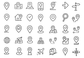 Location line editable icon set, map pin pointer, route map, compass direction marker, wayfinding navigation UI pack, GPS tracking interface icons vector illustration.